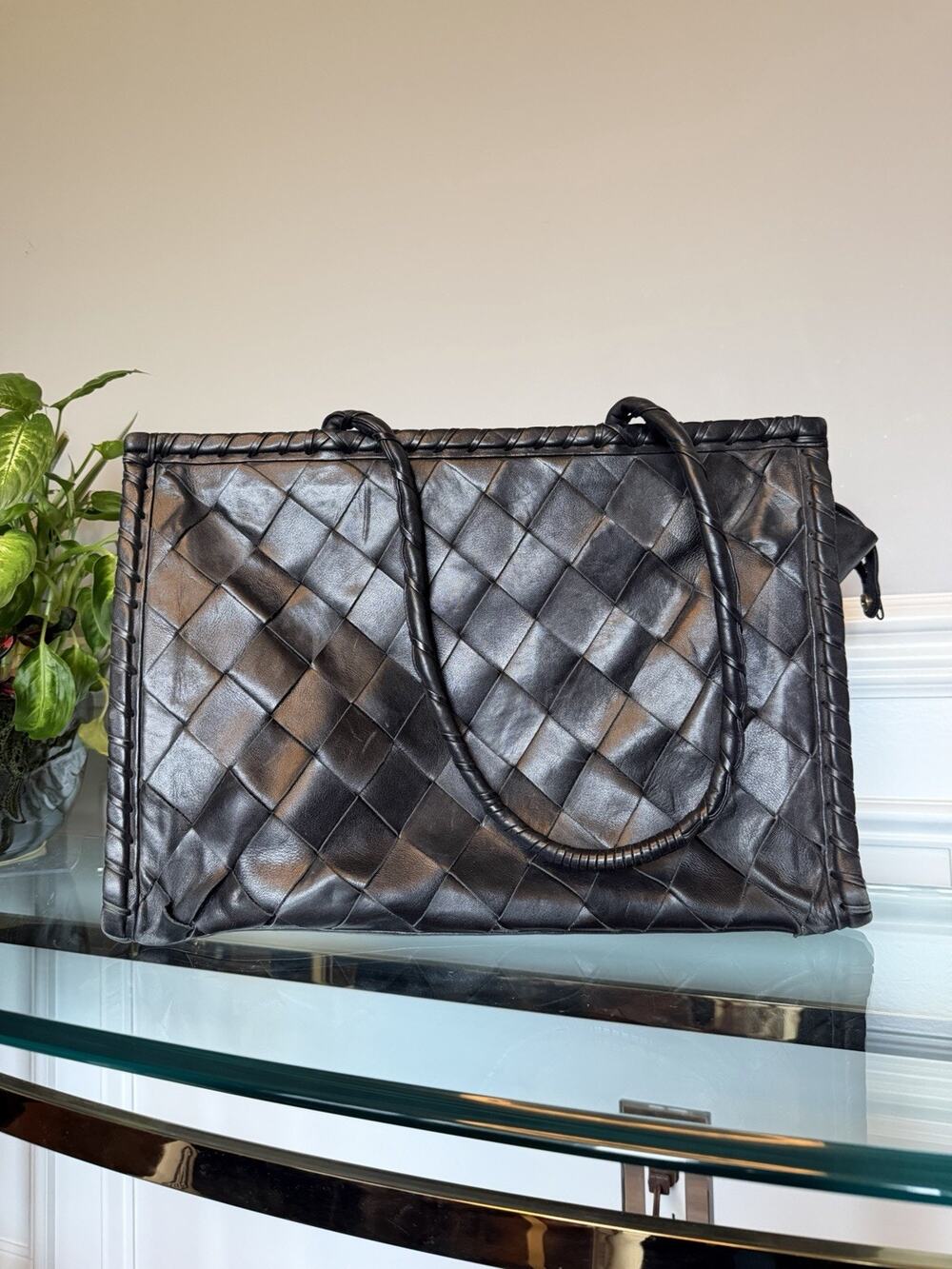 Vtg Donna Karan XL Woven Leather Tote Black Intrecciato Style Large Handbag